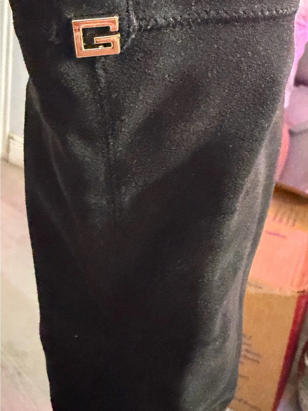Over-the-Knee Black Suede Block Heel Boots - Women Guess